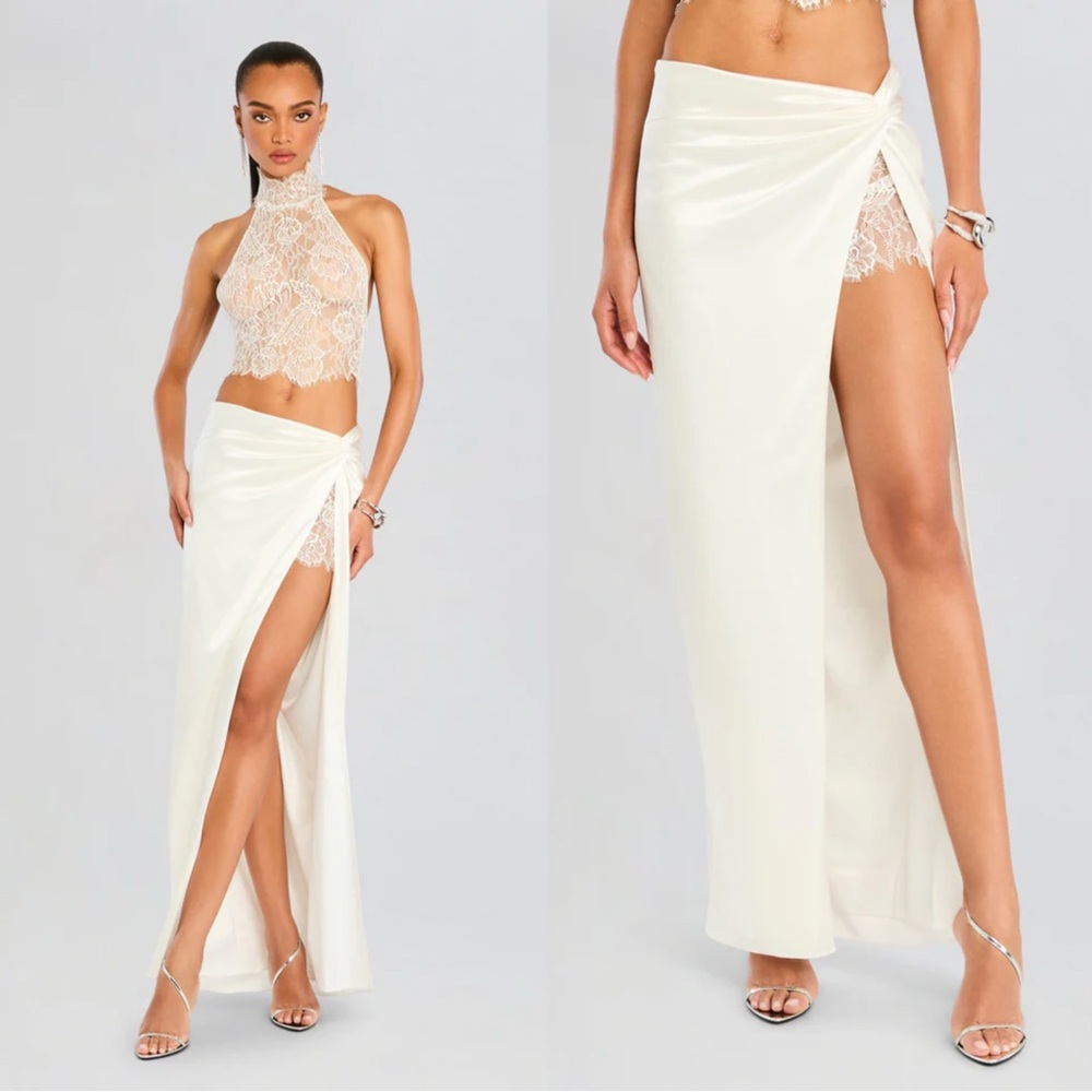 Retrofete Reeve White Lace Maxi Side Slit Skirt XL